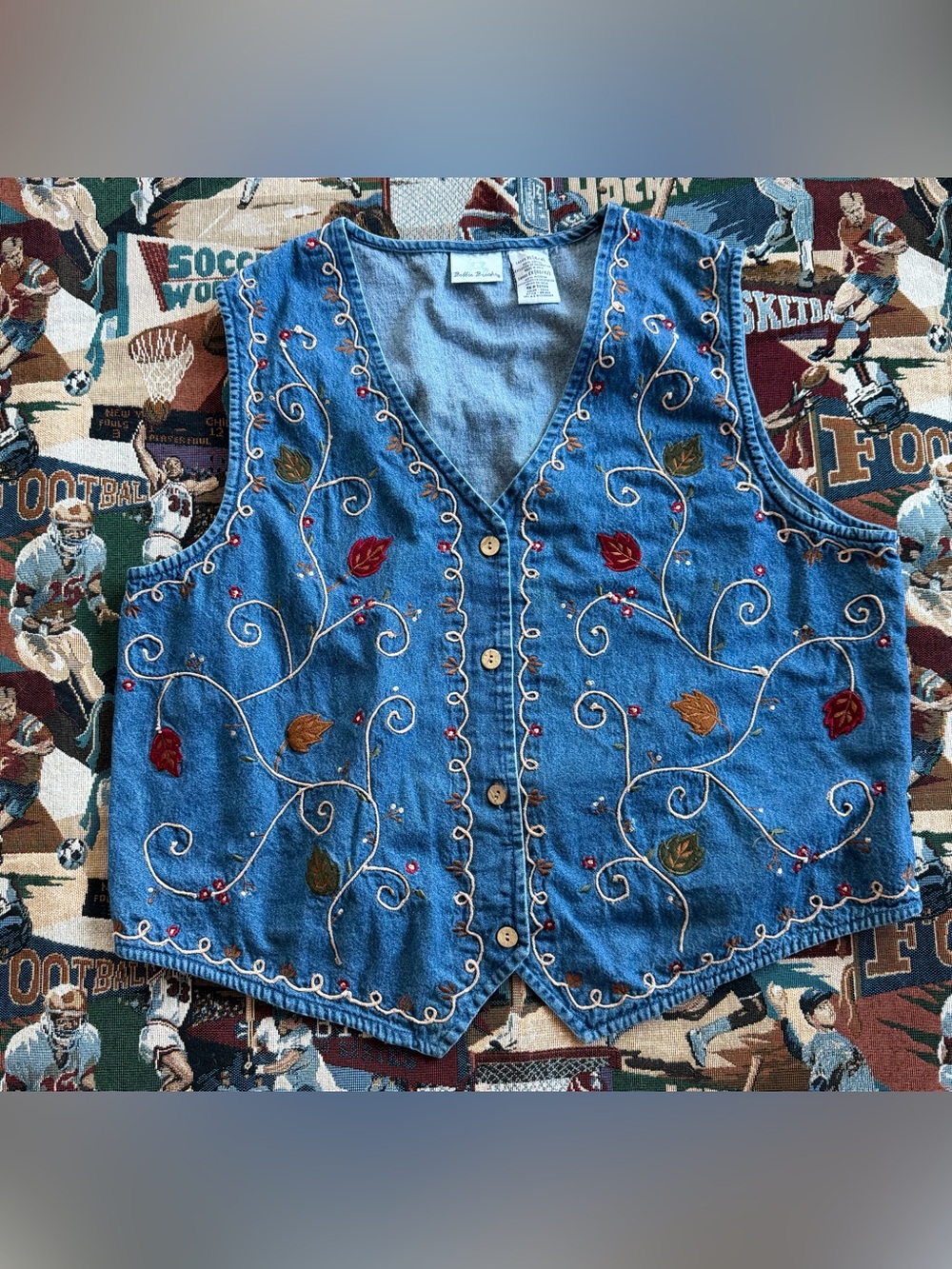 Vintage 90s Women’s Bobbie Brooks Embroidered Fall Blue Denim Vest